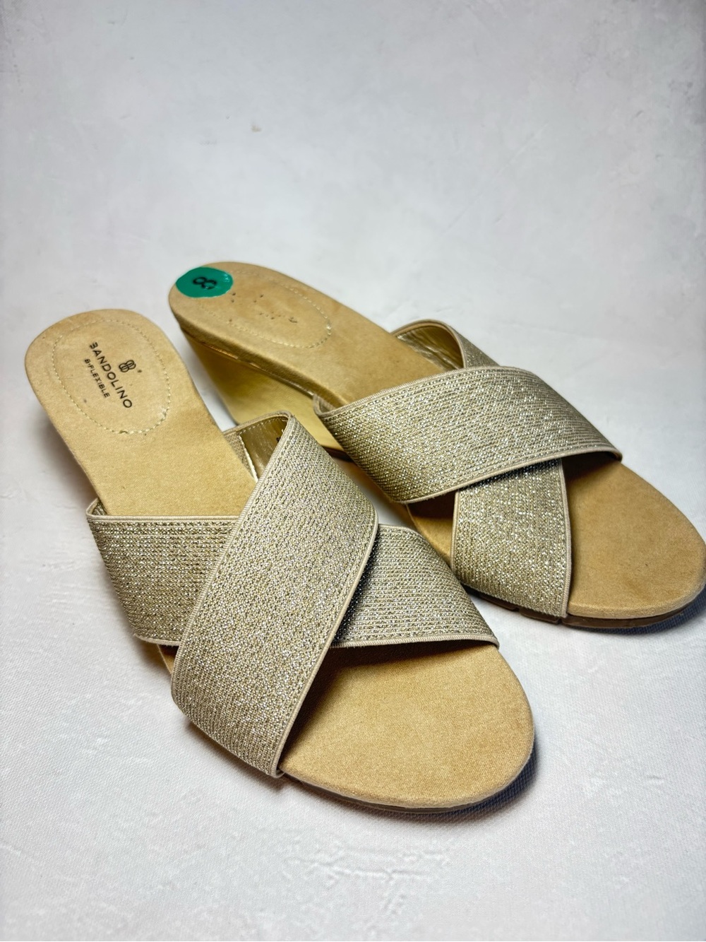 Bandolino B-Flexible Metallic Gold Crisscross Slide Wedge Mules, size 8, nwot